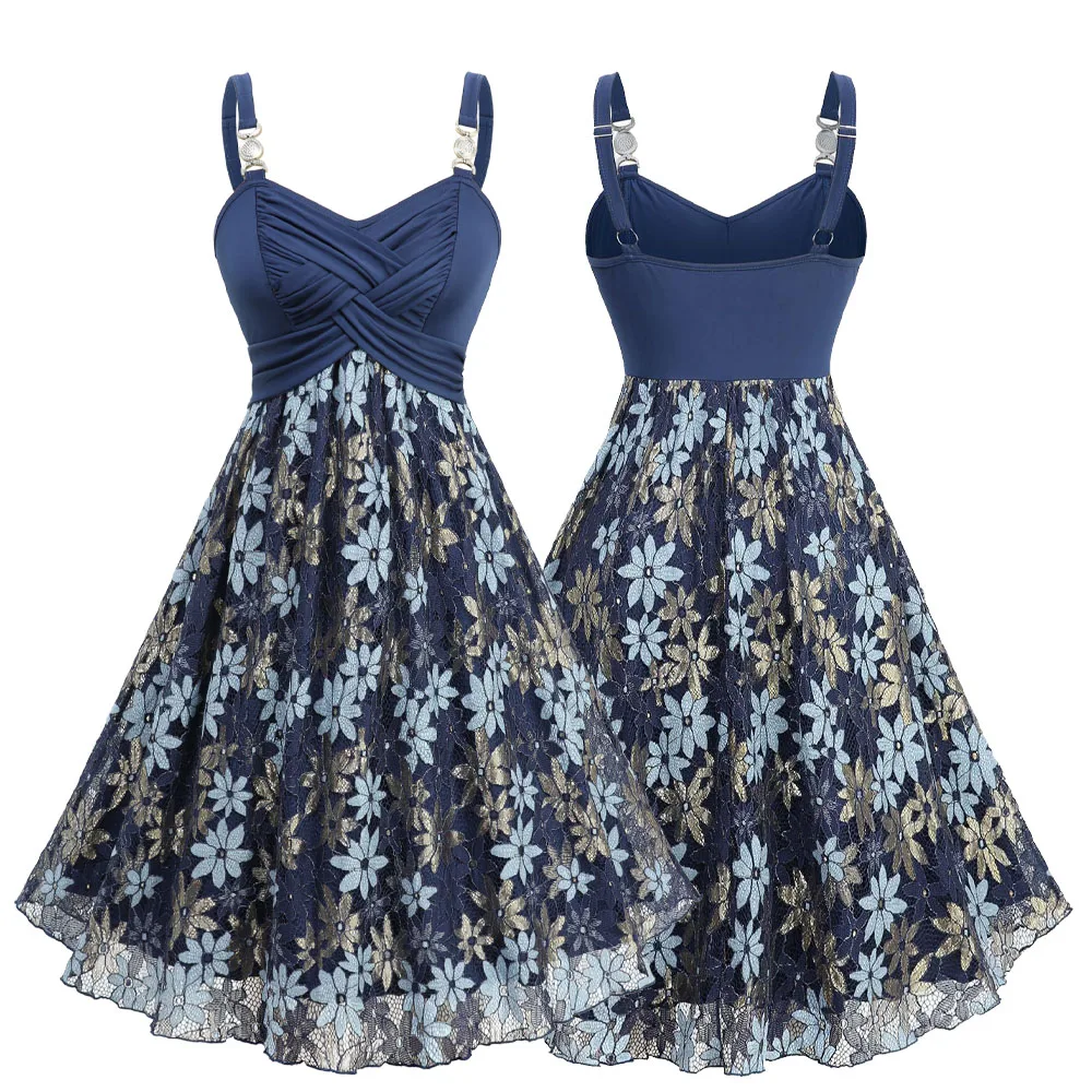 

ROSEGAL Plus Size Two Tone Flower Lace Crossover Cami Dresses Women's Casual Floral Print Halter Neck Knee-Length A-Line Dress