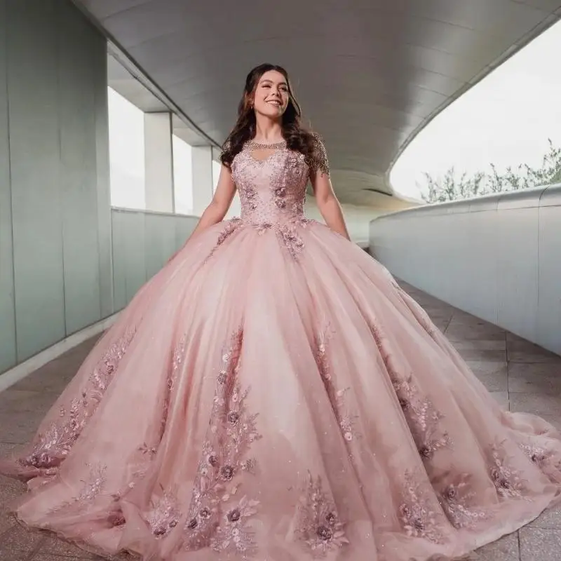 

Pink Shiny Quinceanera Dresses Mexican O-Neck Lace 3D Flower Beads Puffy Ball Gowns Applique Luxury Vestidos 15 De