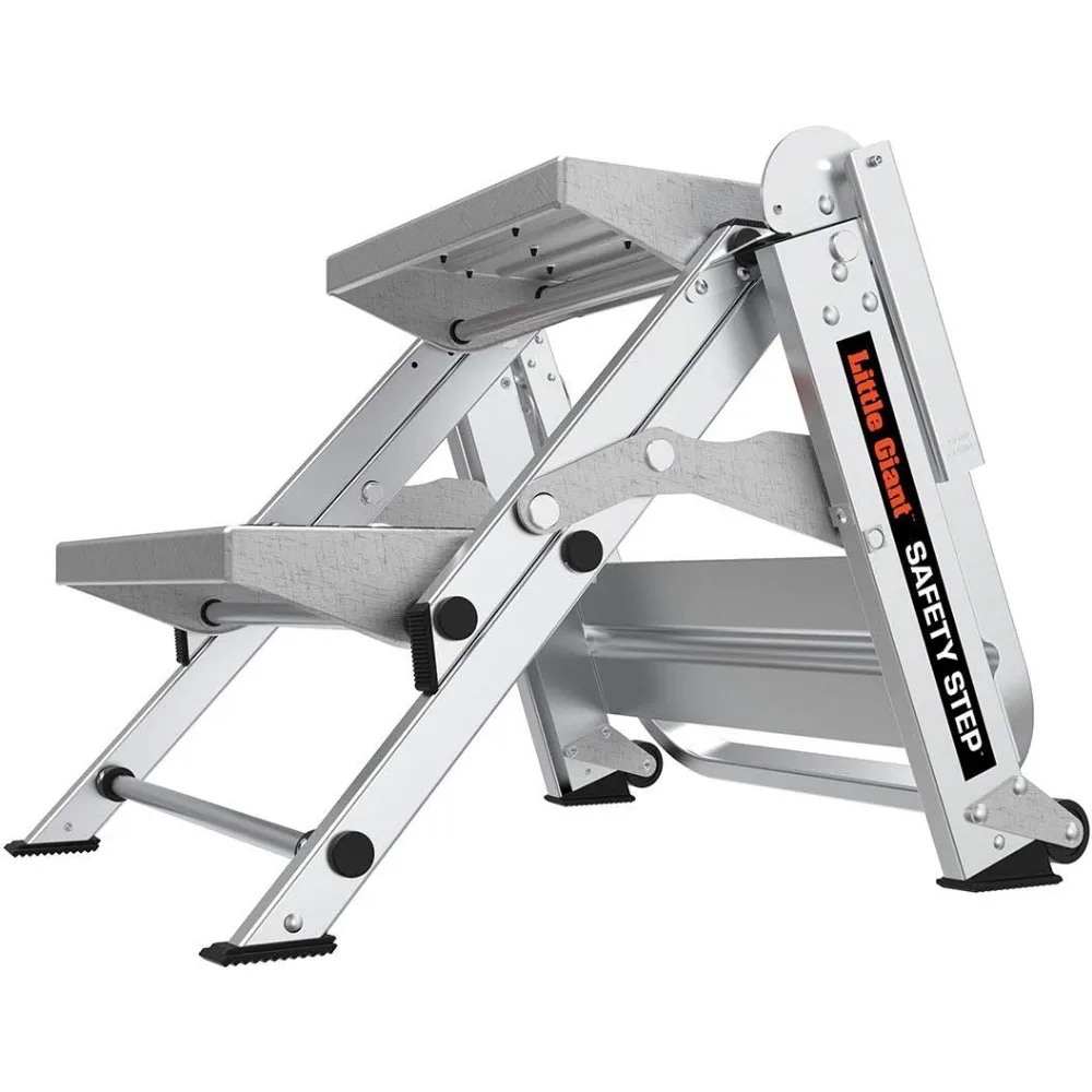 アルミニウム製2段折りたたみはしご、2フィート、耐荷重300ポンド、タイプ1A、安全ステップスツール、グレー、頑丈、コンパクト収納、簡単