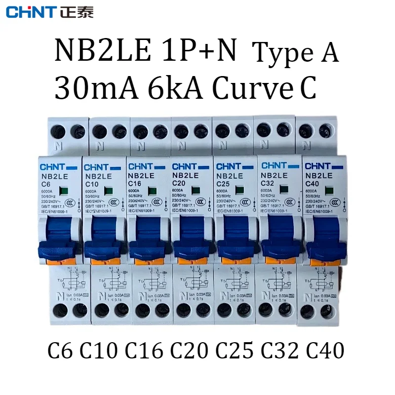 CHINT NB2LE Curve C Type A  1P+N Residual Current Operated Leakage Protection Switch Circuit Breaker RCBO 30MA 6kA C6~C40