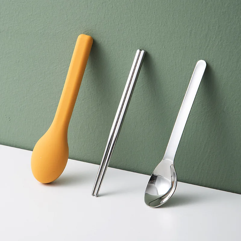 

3PCS Portable Cutlery Set 304 Stainless Steel Spoon Chopsticks with Silicone Case for Camping Picnic School Work Tableware Set