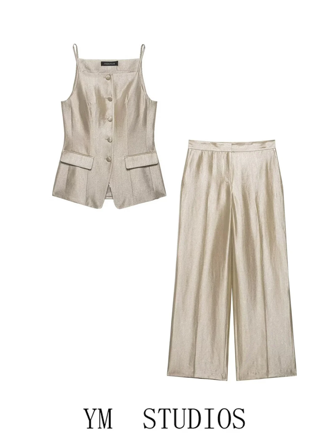 Champagne Color Fashionable Women's Set High Waist Wide Leg Pants Single Button Strap Vest High End Feeling Polyester Fiber