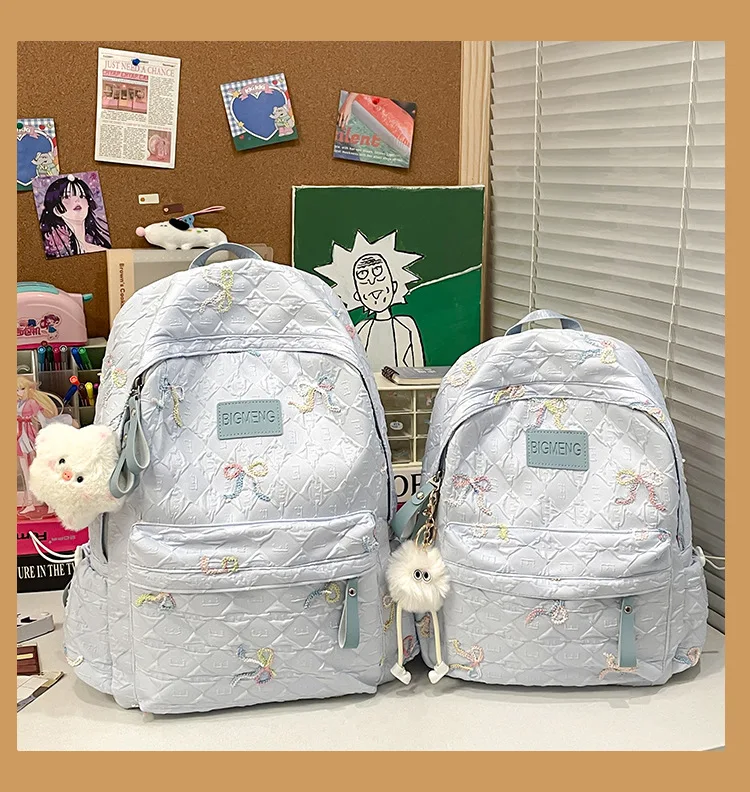 Colorful Bow Full Print Ruched Fabric Backpack Four Colors Available Large Capacity Girls Junior High High School School Bag