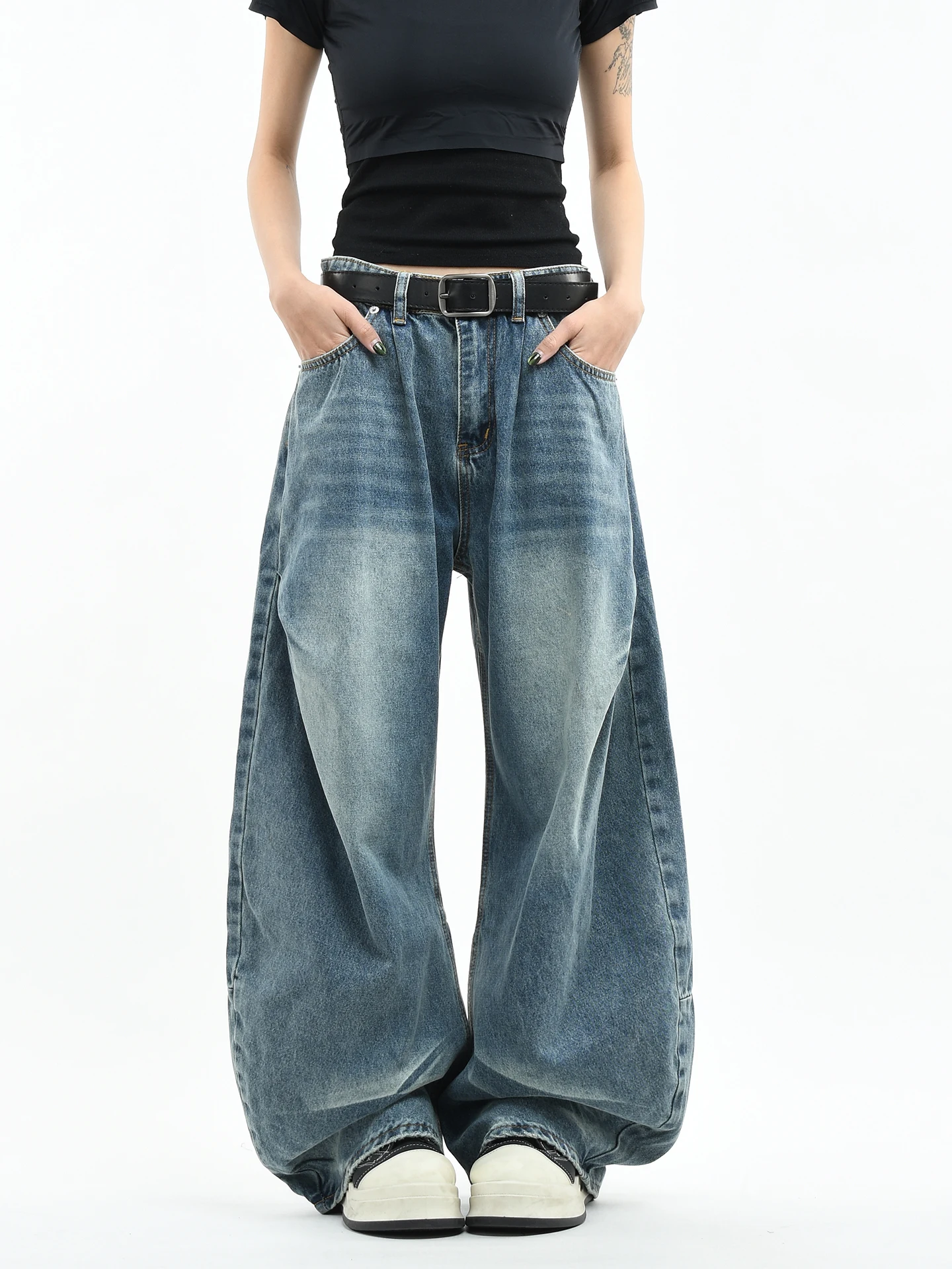 

OV Original American Waed Faded Pleated Wide Leg Jeans Women's Loose Comfortable Slimming Long Trousers High Street Sle