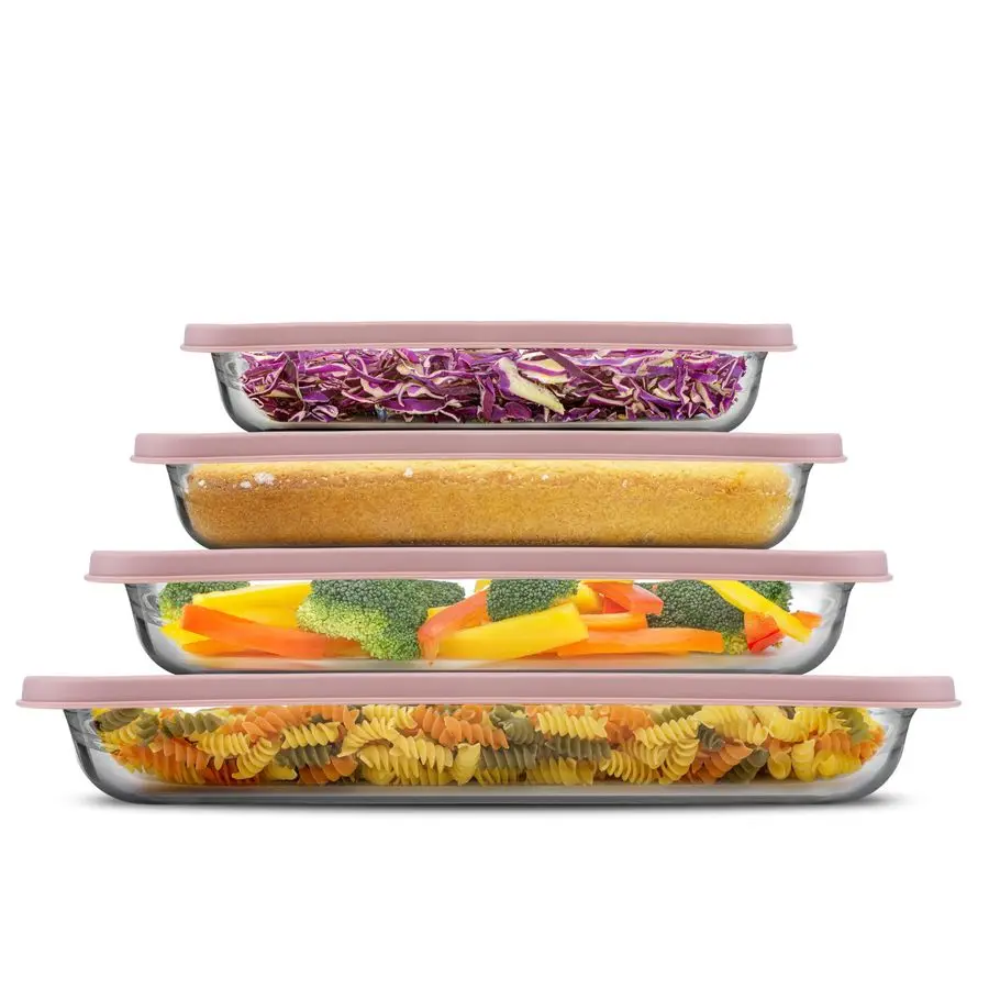 

8Piece Borosilicate Glass Oven Dishes with Blushy Pink Lids, Rectangle Deep Glass Baking Dish Set, Baking Pans for Lasagna Casse