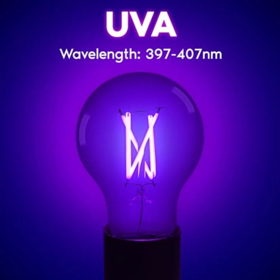 A19 Edison UV LED Black Light Bulb, 6W Filament Blacklight Bulb, UVA 397-407nm, Enclosed Fixture Rated, E26 Base, Glow in The D - view 3