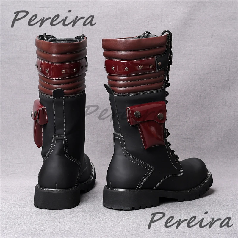 British Men's Thick Soled Knight Boots Retro Pocket Decor Round Toe Western Cowboy Boots Autumn Winter Handsome Men's Shoes