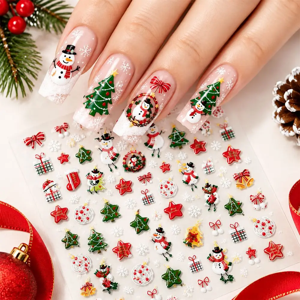 1Pc Winter Xmas Nail Art Decals Snowman Tree Snowflake Bow Bell Gift Ornament Bauble 5D Raised Nail Stickers Salon Nail Decor