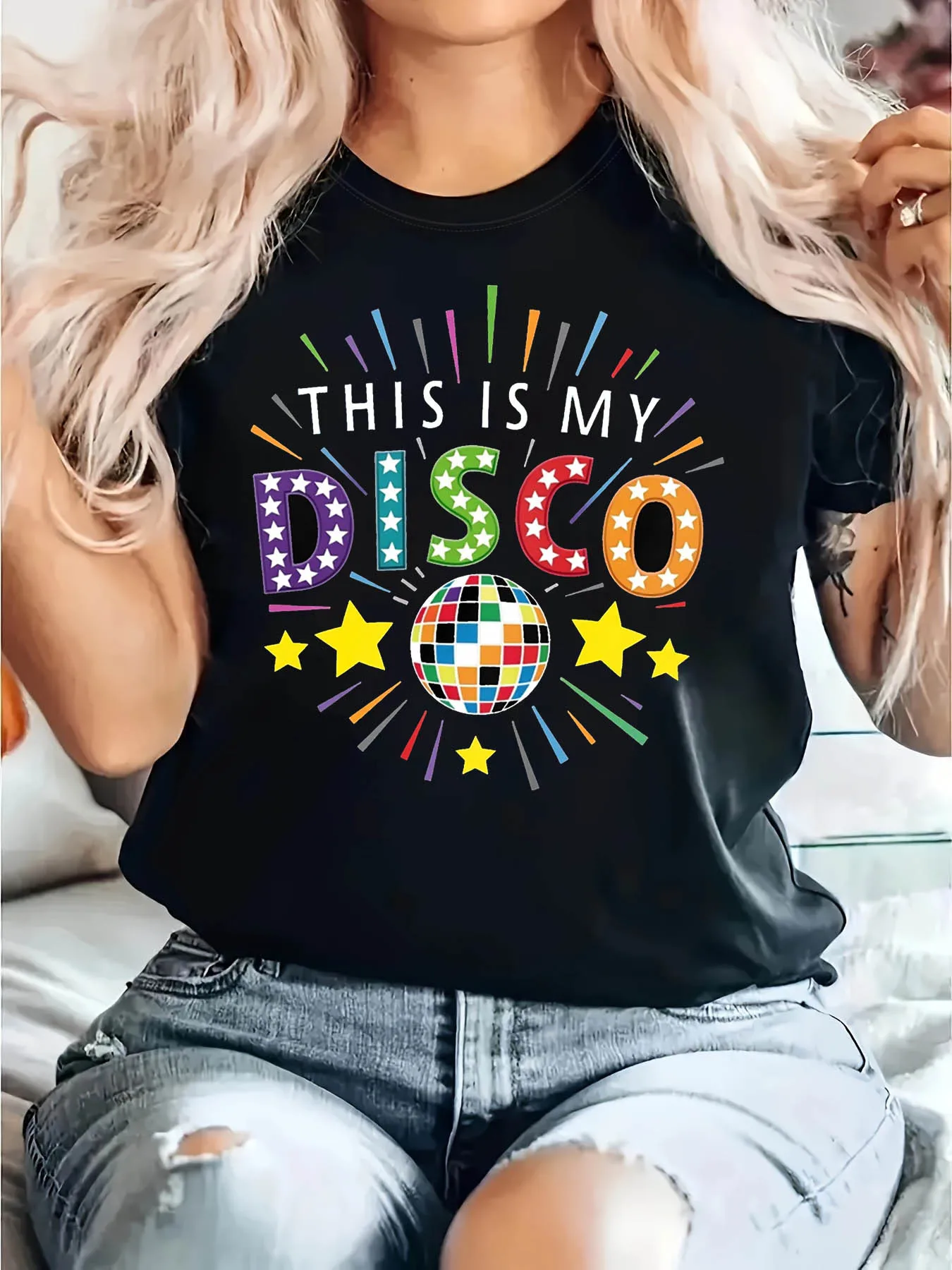 Women Disco Print T Shirt Short Sleeve Crew Neck Casual Summer Top Daily Leisure Holiday Gift