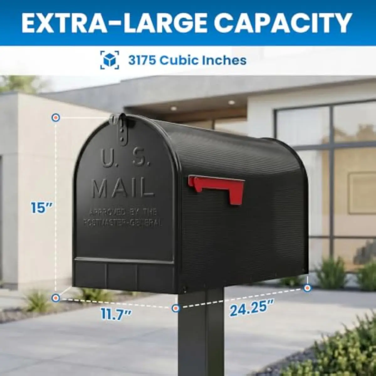 Extra-Large Outdoor Mailbox with 3175 Cubic Inch Capacity • Stainless Steel Construction • Lockable Door • Fully Assembled • Rib
