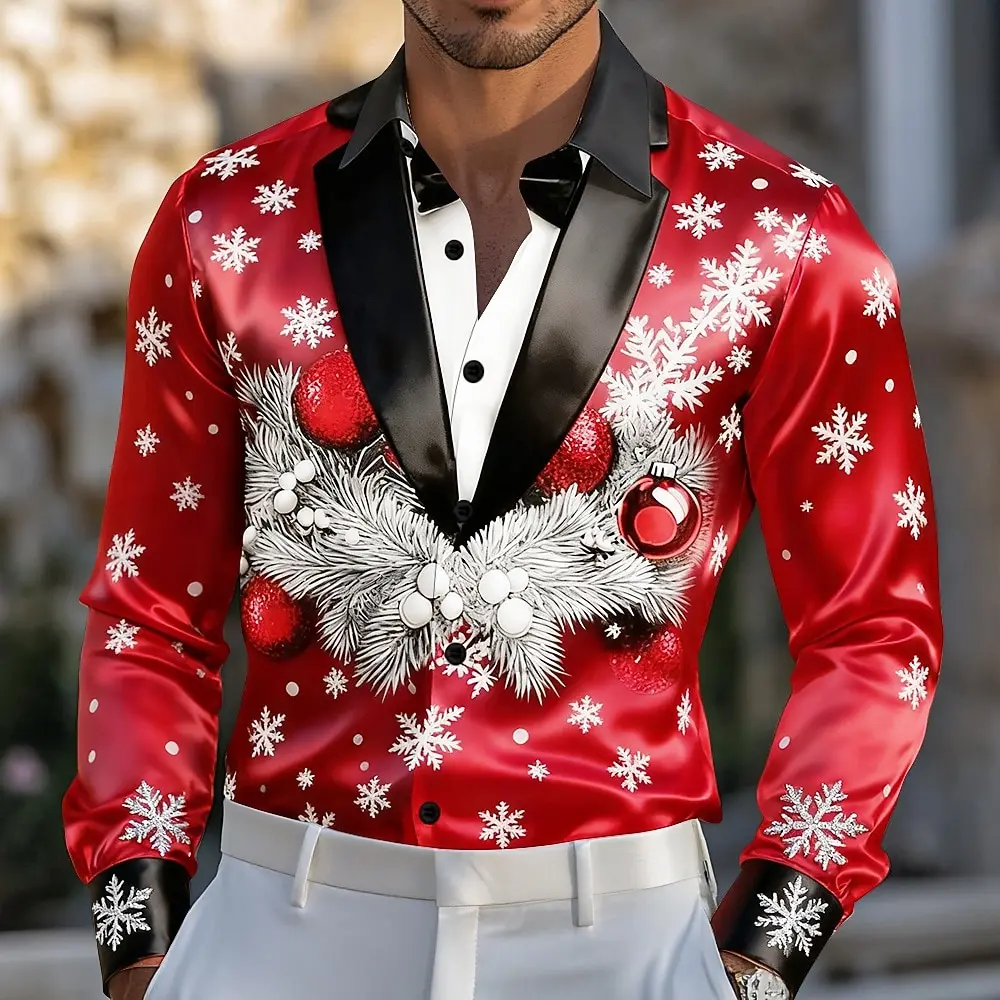 Traje de Navidad para hombre, traje con lazo estampado, camisa de esmoquin, camisa de vestir, manga larga, moda informal, fiesta al aire libre, primavera y otoño