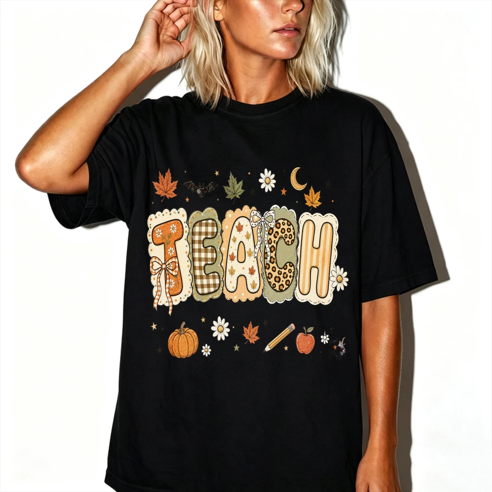 Teach Fall Teacher Graphic T Shirt Leopard Plaid Letter Pumpkin Apple Maple Leaf Daisy Bat Moon Print School Casual Teacher Tees