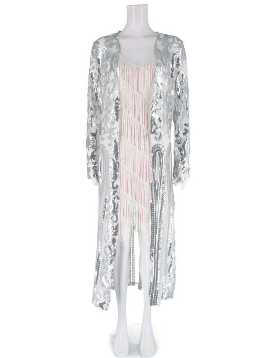 Sexy Sequin Long Dress Transparent Open Cardigan Dress Retro Beads Women's Fashion Spring Season Polyester Material Gown