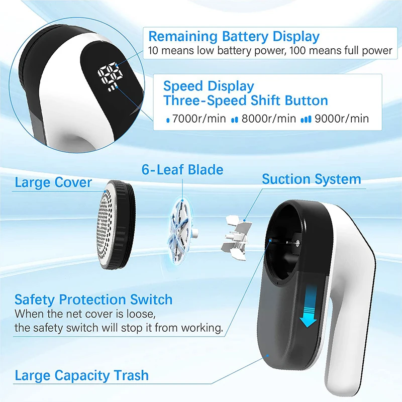 2000mAh Wireless Digital Hair Ball Trimmer 3D Suspended Blade Head  3 Gears Variable Speed Sweater Shaver Electric Lint Remover