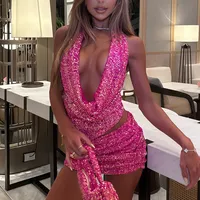 Sexy jupes à paillettes ensembles femmes mince licou cou dos nu hauts sans manche Mini jupe femme 2025 été mode plage dame ensembles 2