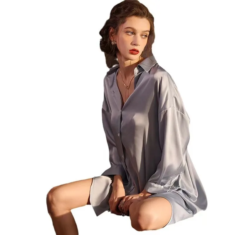 Damen-Nachthemd aus Satin, Button-Down-Schlafshirt, Nachthemd aus Seide, Boyfriend-Nachtwäsche mit Kerbkragen