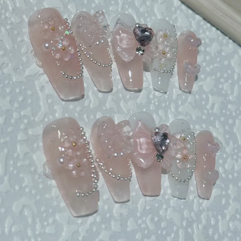 Imprensa média feita à mão em unhas com cola rosa 3d arco decorado unhas falsas com design caixão luxo conjunto completo com caixa e ferramentas