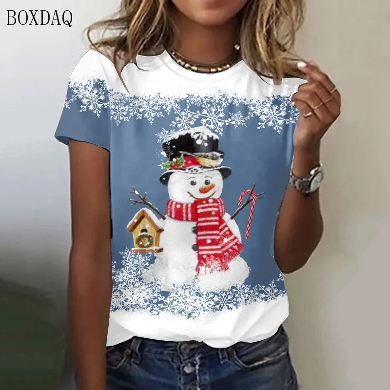 Camisetas de manga corta con estampado 3D para mujer, ropa de estilo de dibujos animados de muñeco de nieve de Navidad, Tops de calle para mujer, talla grande 3XL