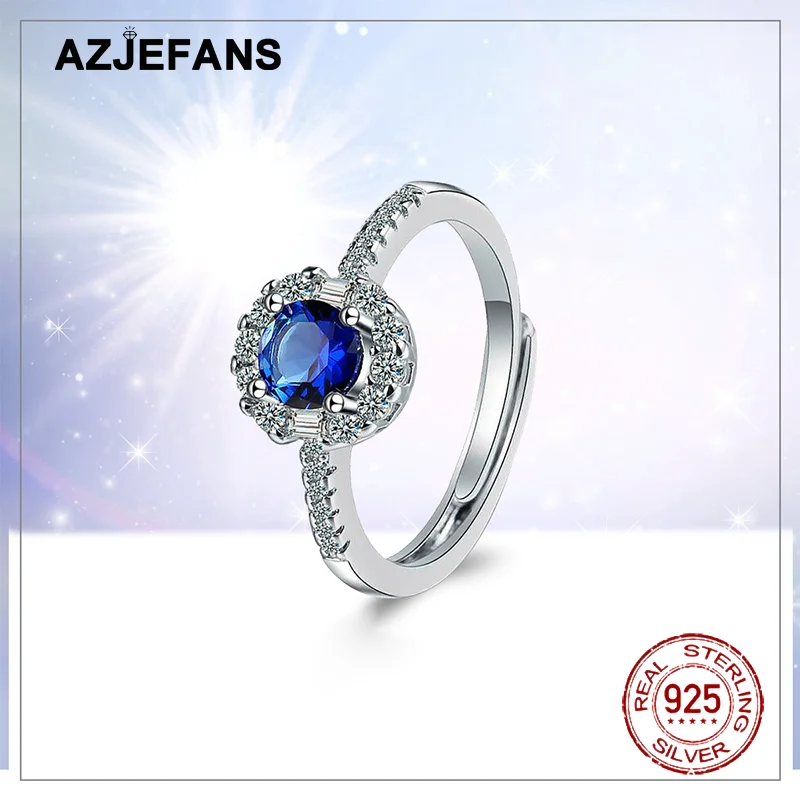 

AZJEFANS Blue Sapphire 925 Sterling Silver Wedding Adjustable Rings Fine Jewelry