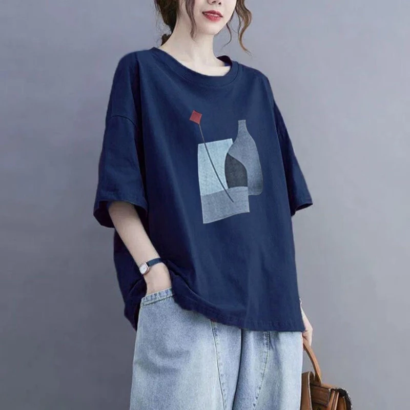 Niche Fashionable Ins Inspired Women's Short Sleeve T-shirt Tummy Cover Slimming Loose Fit Versatile