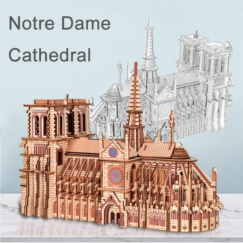 Notre dame catedral de madeira 3d quebra-cabeça construção casa navio avião carro modelo educacional crianças brinquedos para crianças jogos festa