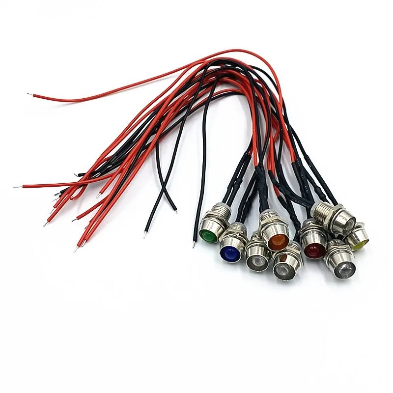 8mm LED Metal Indicator Light 6mm Waterproof Signal Lamp Light 12V Wires Connect  Brass Nickel PlatingGreen Red Blue