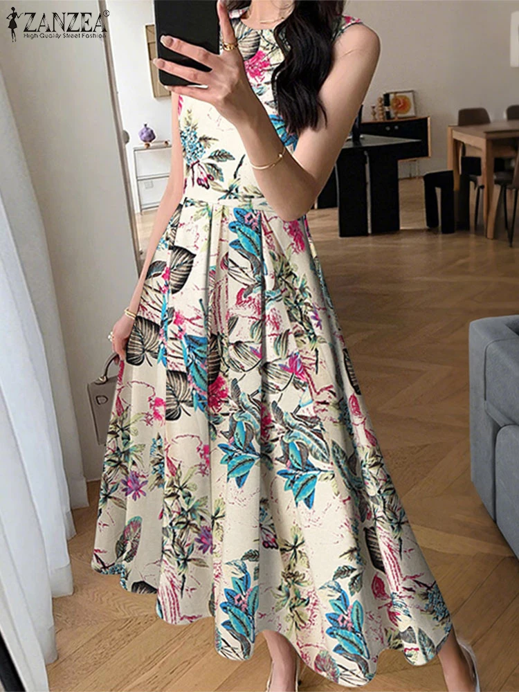 ZANZEA Abito da donna a metà polpaccio Abito estivo stampato floreale vintage 2025 Casual A-Line Abito a pieghe senza maniche Abiti da festa estivi
