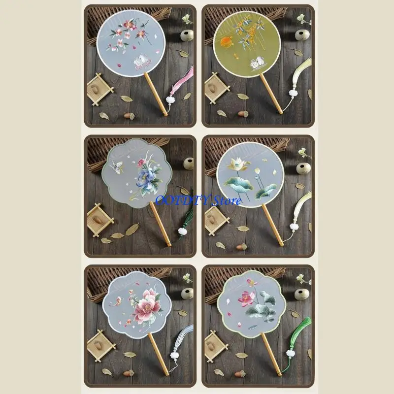 367A Hand Fan Exquisitedly Double Side Embroidered Round Fan With Handle Fan