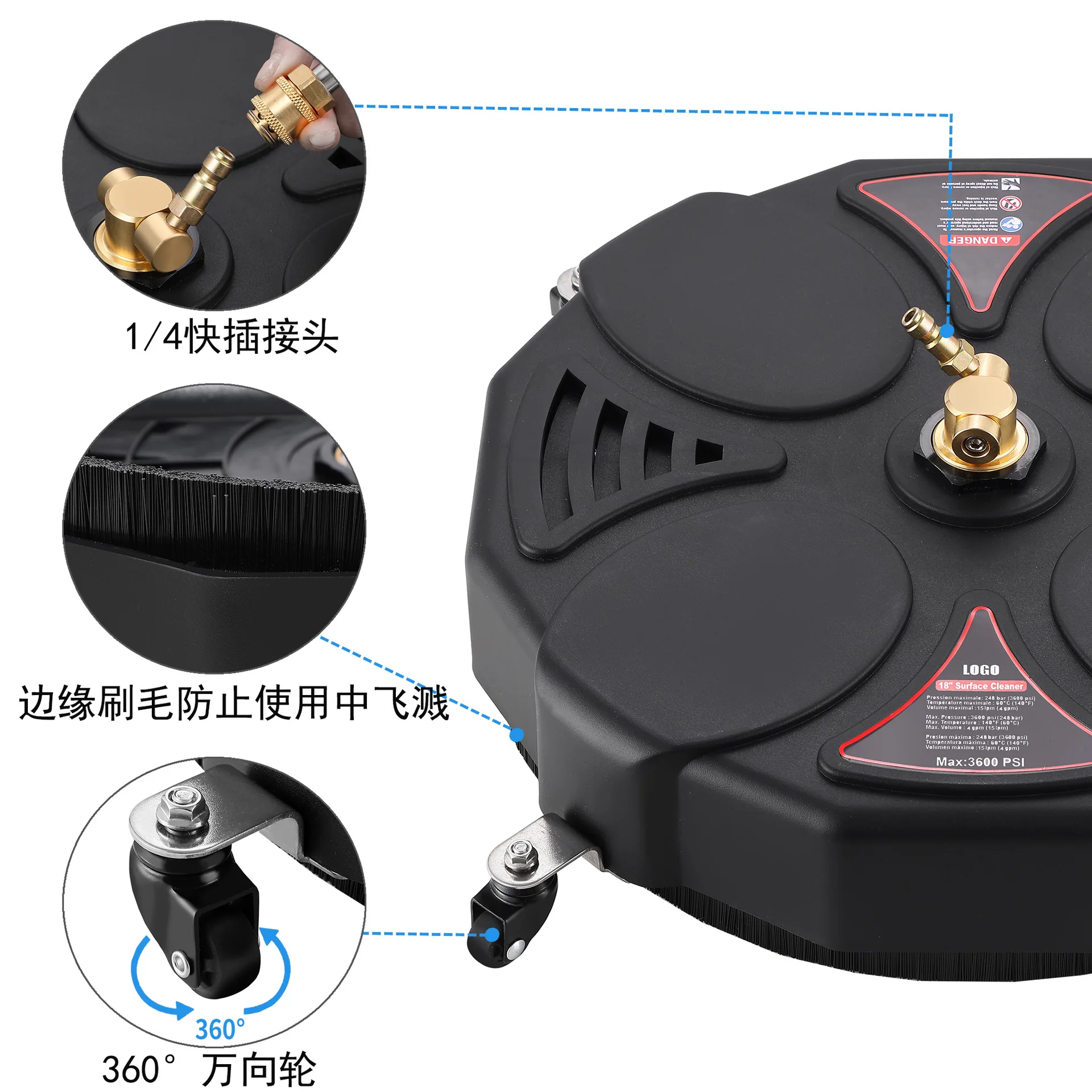 13 Inch High Pressure Cleaning Machine Circular Cleaning Plate Multifunctional Road Courtyard Cleaning Accessory 248bar 1/4