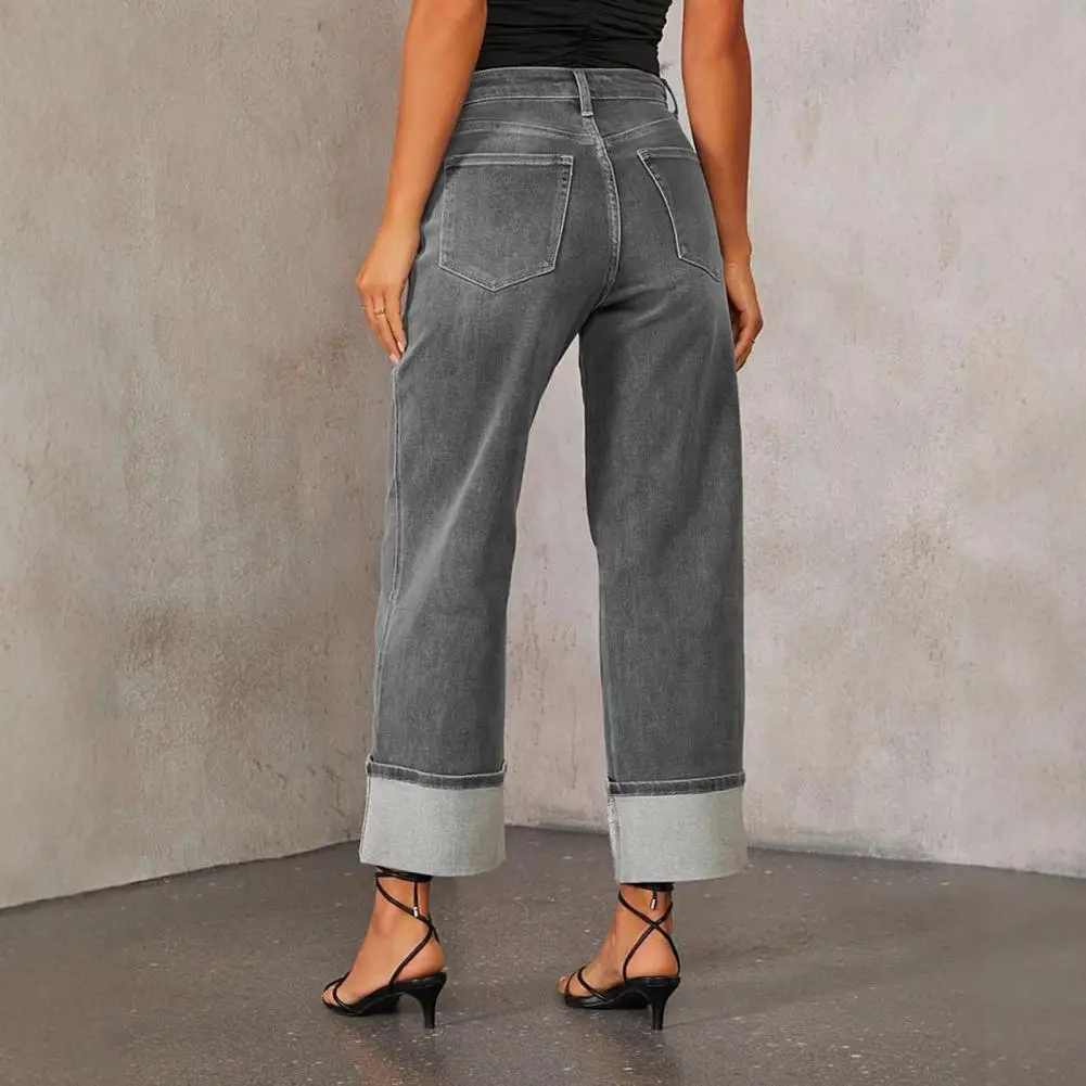 2025 ใหม่ผู้หญิง Baggy กางเกงยีนส์ Retro สูงเอวกว้างขากางเกงยีนส์ยืด Cuffed Hem ตรงกางเกงยีนส์กับกระเป๋า