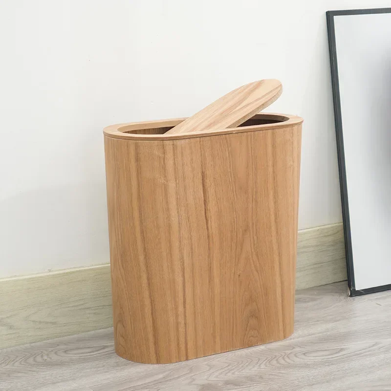 Wooden Rolling Cover Trash Can - Household & Office Waste Bin, Oval Design for Cleaning Tools, Stylish & Practical Storage