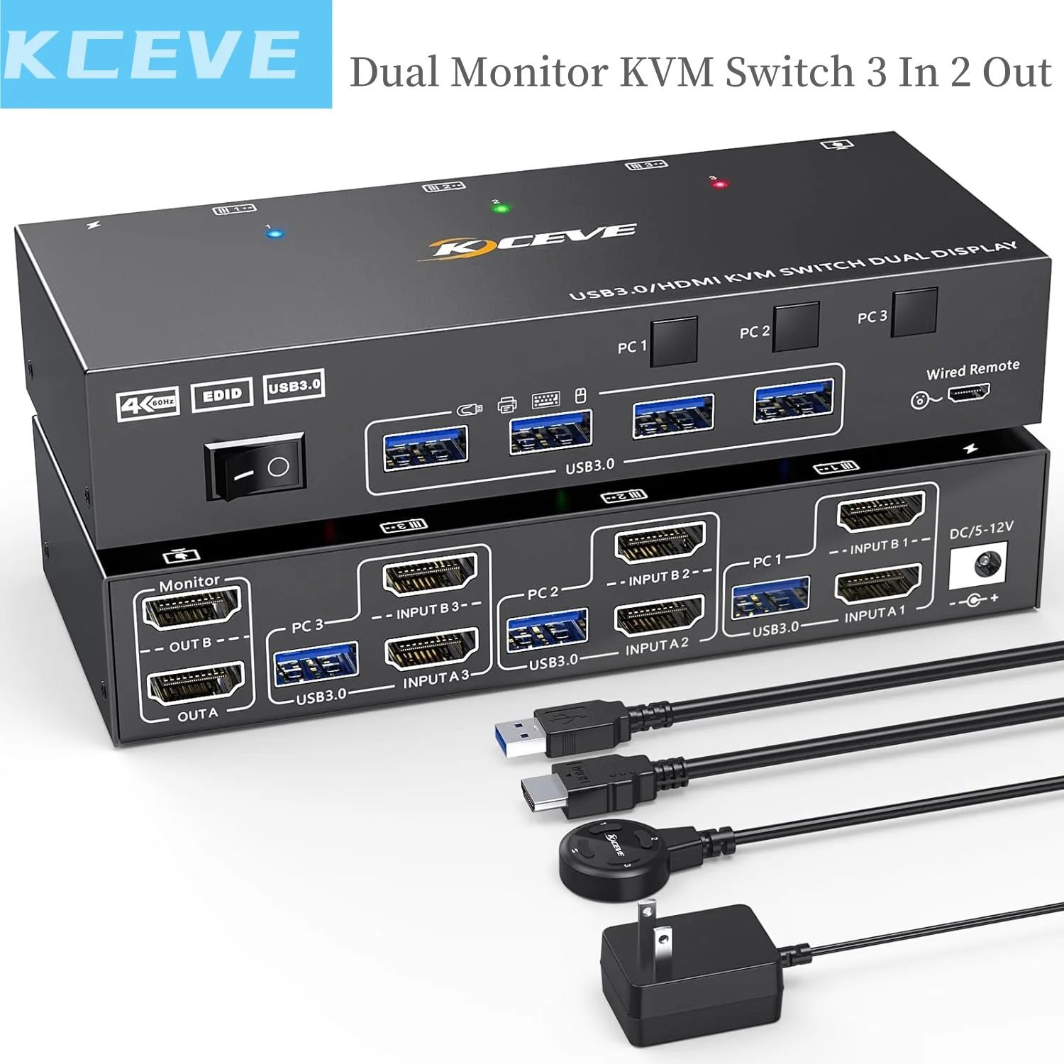 

2024 NEW KCEVE KVM Switch 2 Monitors 3 Computers Dual Monitor KVM Switch HDMI for 3 Computers Share 2 Displays and 4 USB3.0 Port