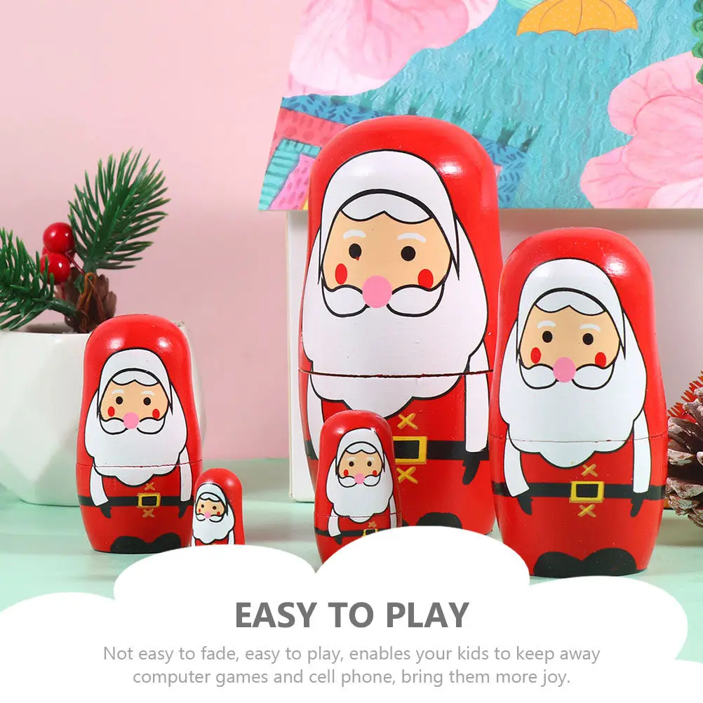 

1Set Wooden Xmas Nesting Cartoon Santa Clause Design 5-Layer Russian Style Smooth Safe Kids Plaything Home Decor Party