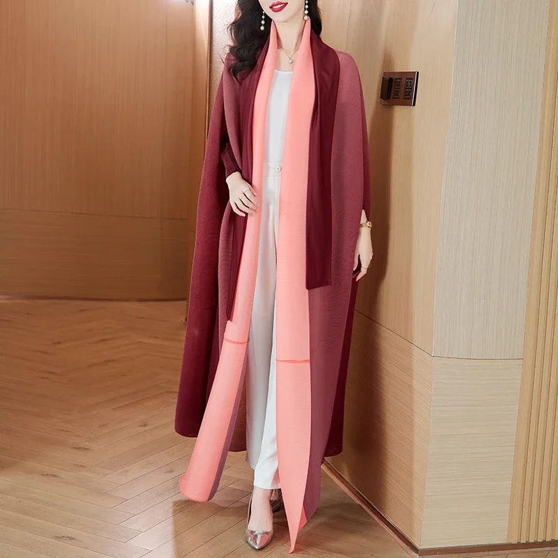 

Gradient Color Blocked Belted Batwing Sleeve Pleated Trench Coat Chic Elegant Look Relaxed Fit Longline Issey Miyake Outerwear