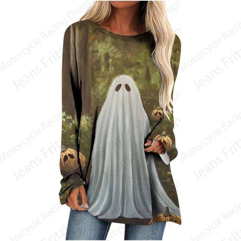 Halloween Cat 3d Print Long Sleeve T-shirt Women Fashion Crewneck Long Tunic Tops Women Fall Ghost Clothing Femme Tops Y2k Style