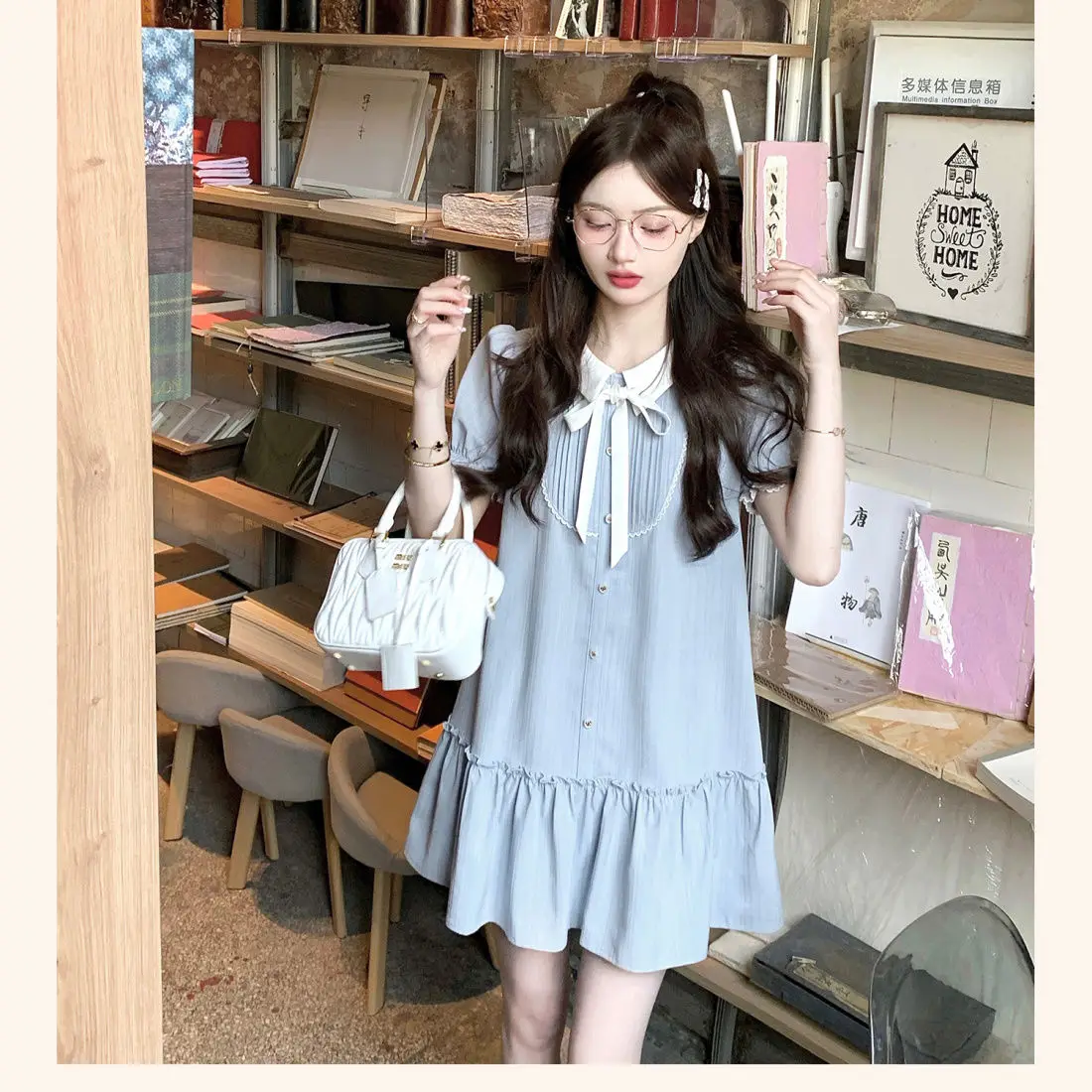 

2024 Korean Fashion Summer New Women Dress Elegant Preppy Style Turn Down Collar Puff Sleeve A Line Loose Short Dresses Female