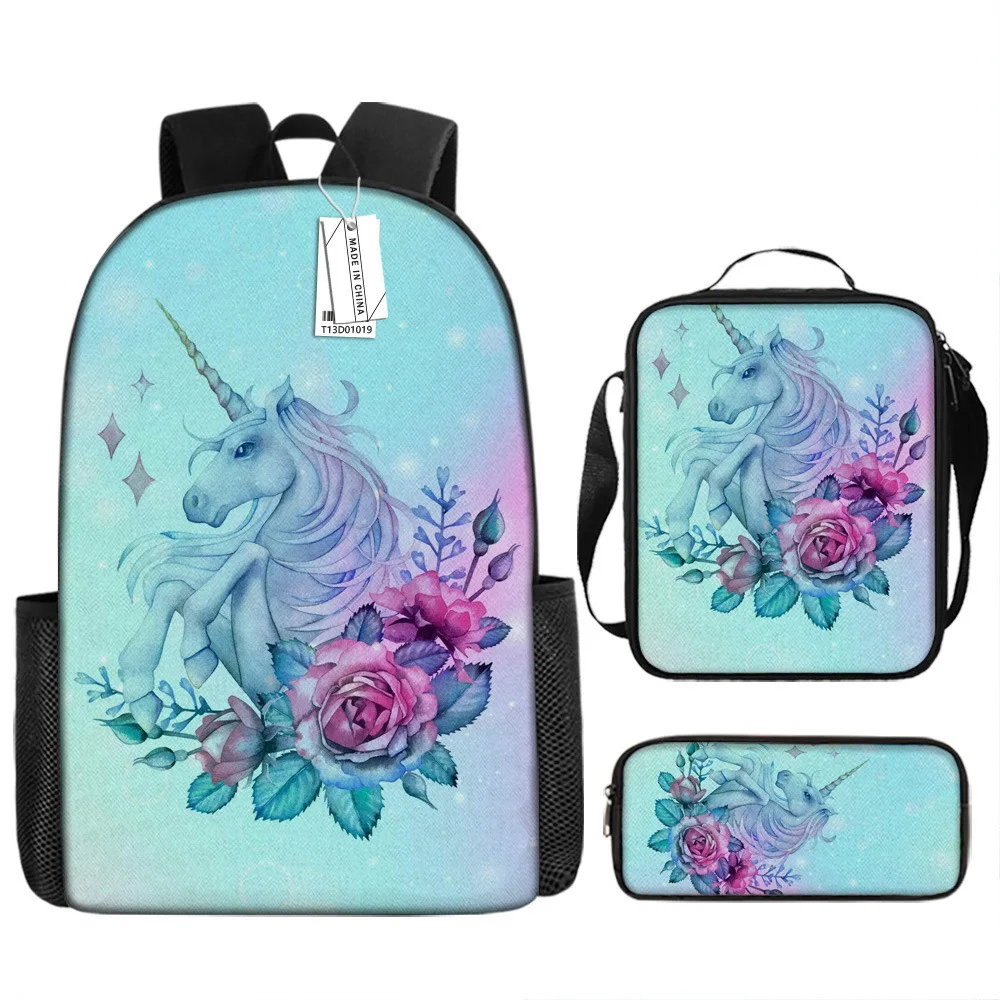 

Cartoon Popular Funny unicorn 3D Printed 3pcs/Set Student School Bags Laptop Daypack Backpack Crossbody Lunch bag Pencil Case