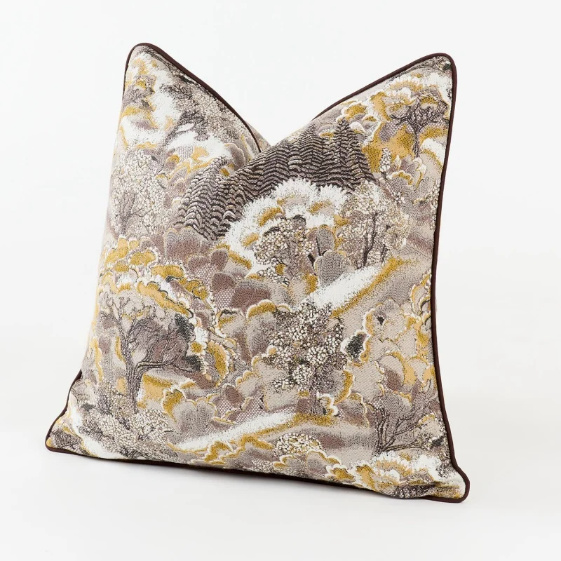 Luxury Chinoiserie Landscape Throw Pillow Cover  Textured Jacquard Forest  Mountain Print Cushion Case Vintage Home Decor