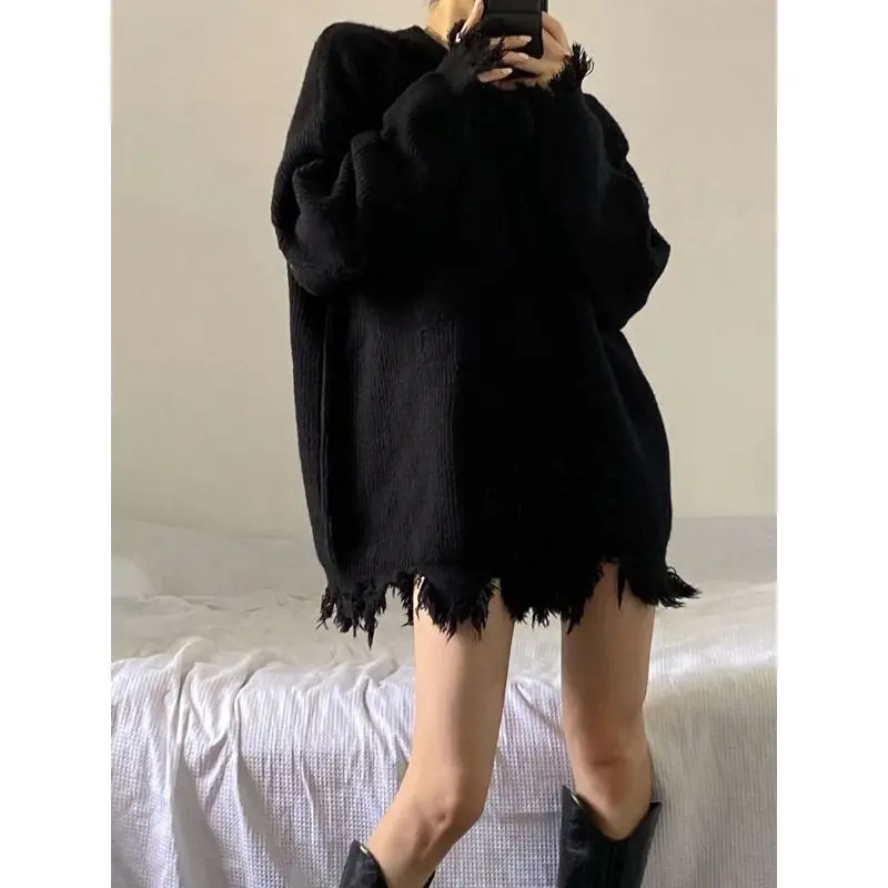 QWEEK Vintage Women\'s Sweater with Holes Korean Style Oversized Black Female Pullovers Sweaters Harajuku Knitted Jumper Gothic