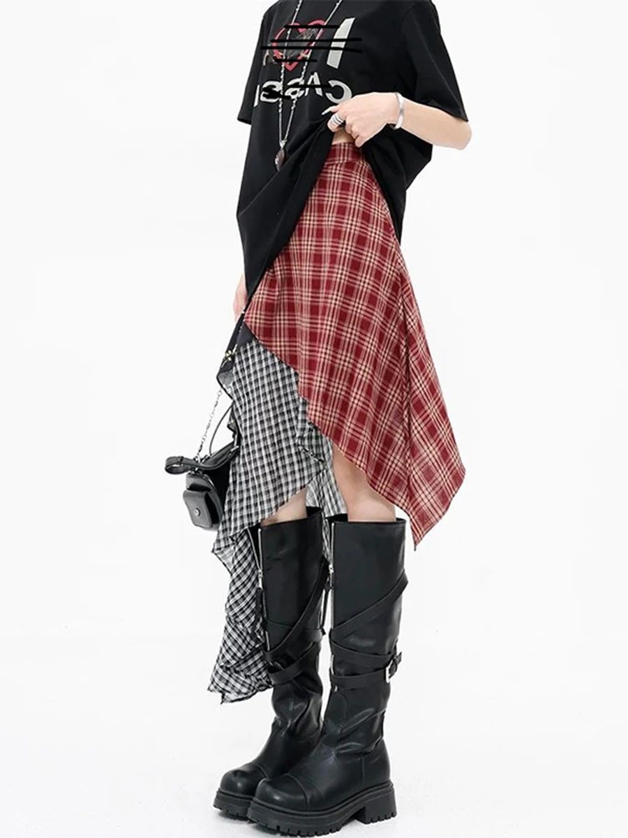 

RORORIRI American Vintage Skirts Plaid Irregular Patchwork Zipper High Waist Skirt Y2k Harajuku Streetwear Midi Length A Line
