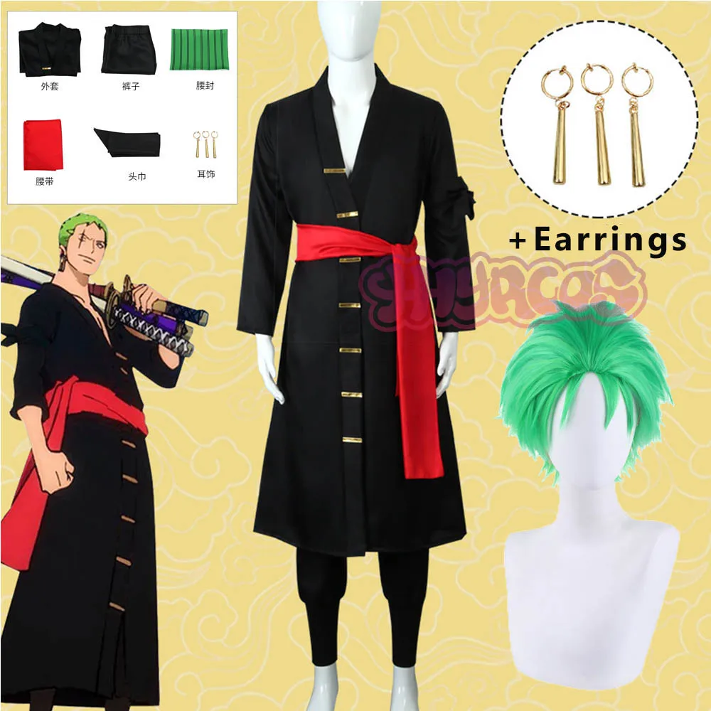 Anime Roronoa Zoro Cosplay Costume Uniform Black Coat Belt Pants Head Scarf Roronoa Zoro Wig Earrings Halloween Men Clothes