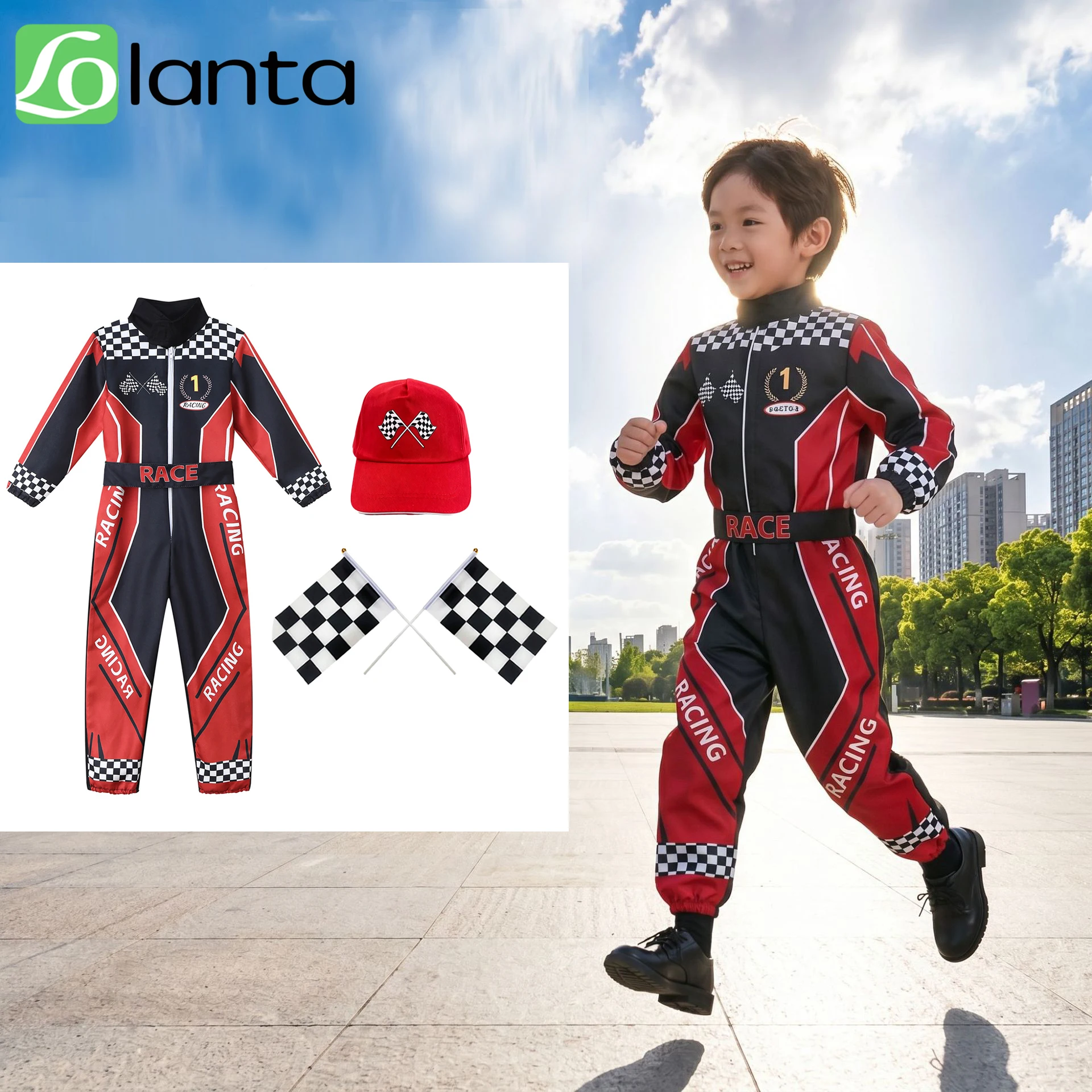 LOlanta 4Pcs Kids Race Car Driver Costume Boys Racing Career Dress Up Racer Jumpsuit with Car Cap 4-8 Years