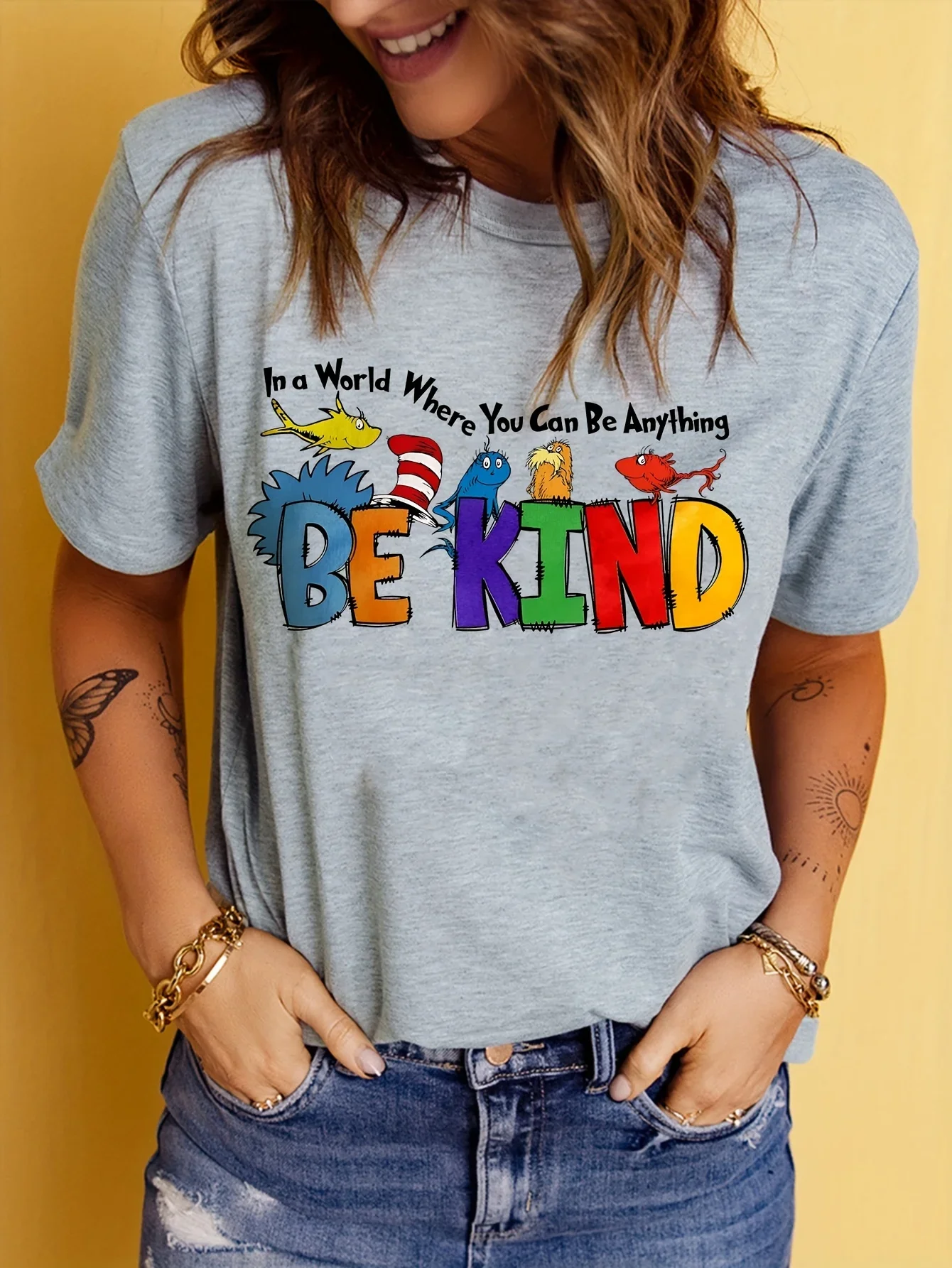 Valentines-Vintage Be Kind Print T-shirt, Short Sleeve, Crew Neck, Casual Top for Summer and Spring, Women's Clothing