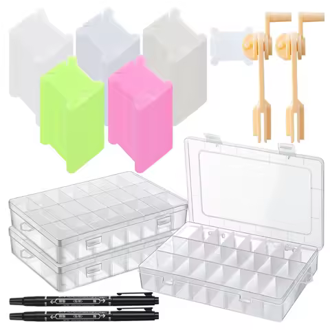 24 Grid Embroidery Floss Storage Box Tools with Plastic Floss Bobbin Embroidery Floss Winder &amp; Permanent Marker for Cross Stitch