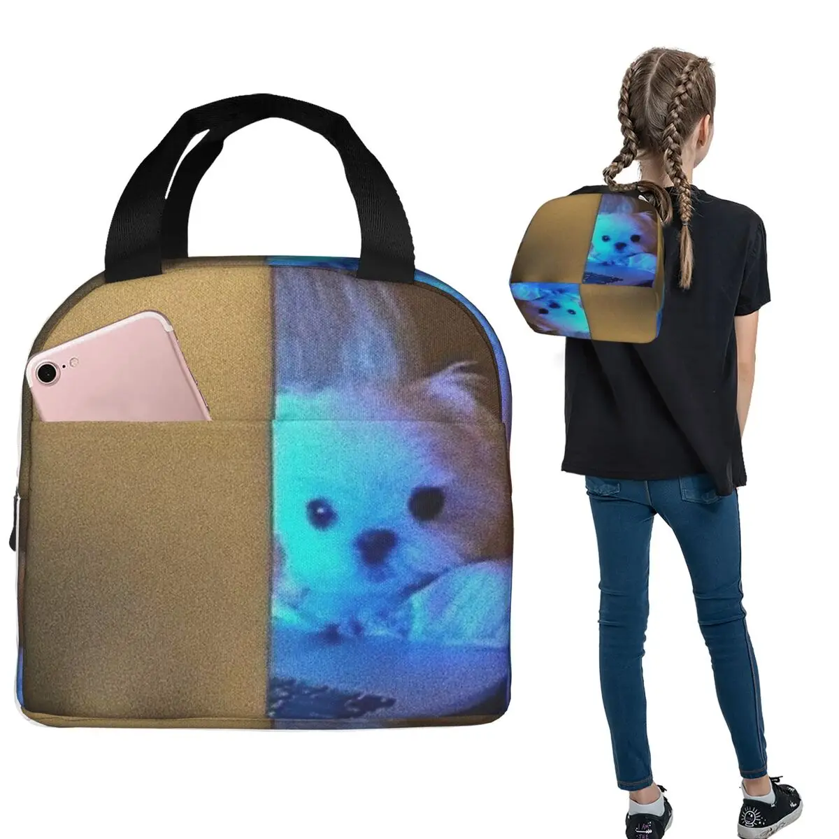 

Изолированная сумка для обедов с изображением маленькой собачки, смотрящей на компьютер, для женщин и детей, портативные контейнеры для еды, термосумка для обедов