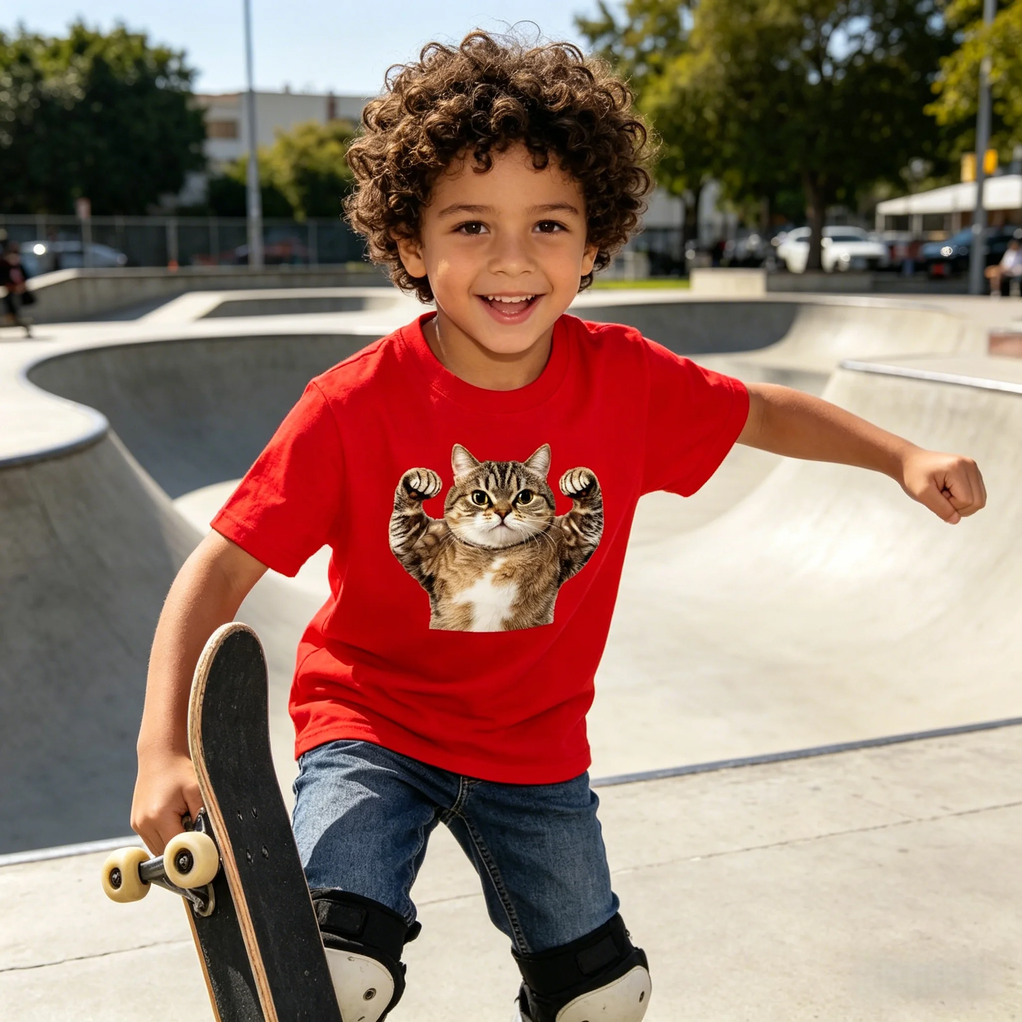 Cat Showing Muscles Lifting Paw Print Cotton Kids T-Shirt Soft Breathable for Daily Outdoor Activity Wear Multiple Sizes