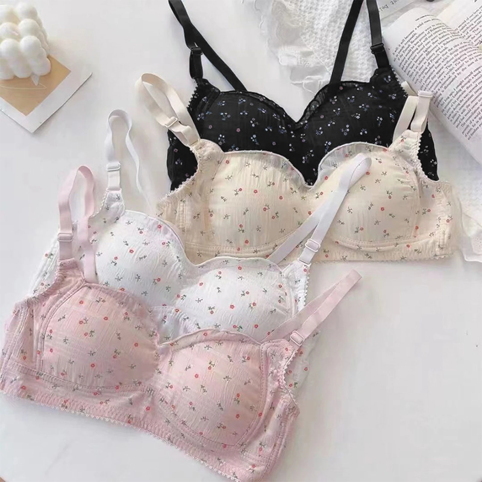 Underwear Cup Floral Print Cute Sweet Bra Aesthetic Panties Women Lingerie