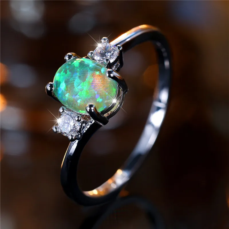 Cute Female Green Fire Opal Oval Stone Ring Fashion Silver Color Wedding Engagement Jewelry For Women