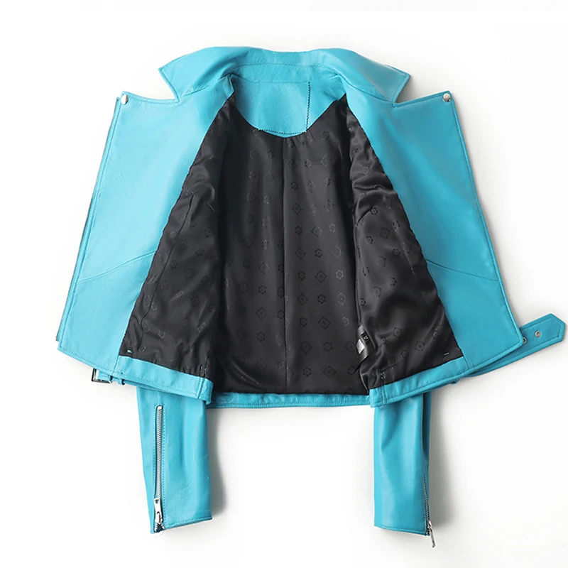 Importierte Luxus-Schaffelljacke für Damen, 2025, Herbstmode, Reißverschluss, Revers, weiblich, langärmelig, blau, echtes Leder, Bikerjacke