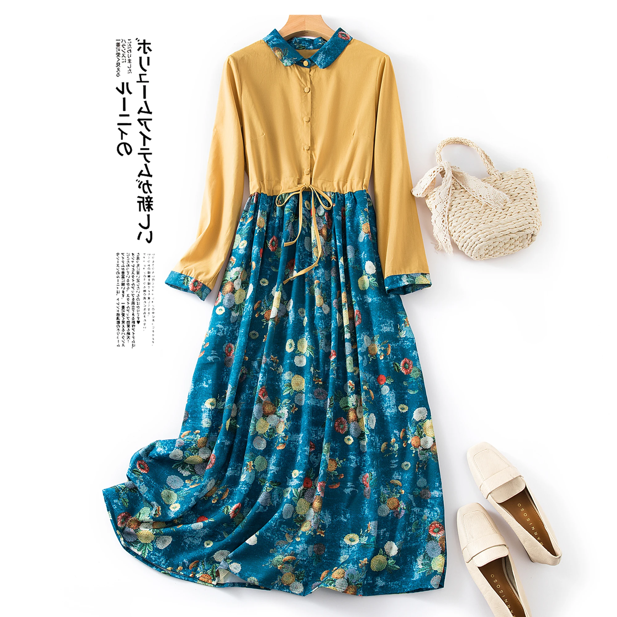 Ele القطن الكتان الدكتور المرأة ربيع الخريف المطبوعة الخصر حزام Cinched طويل الدكتور طوق ألف خط تنورة تسع نقاط S...